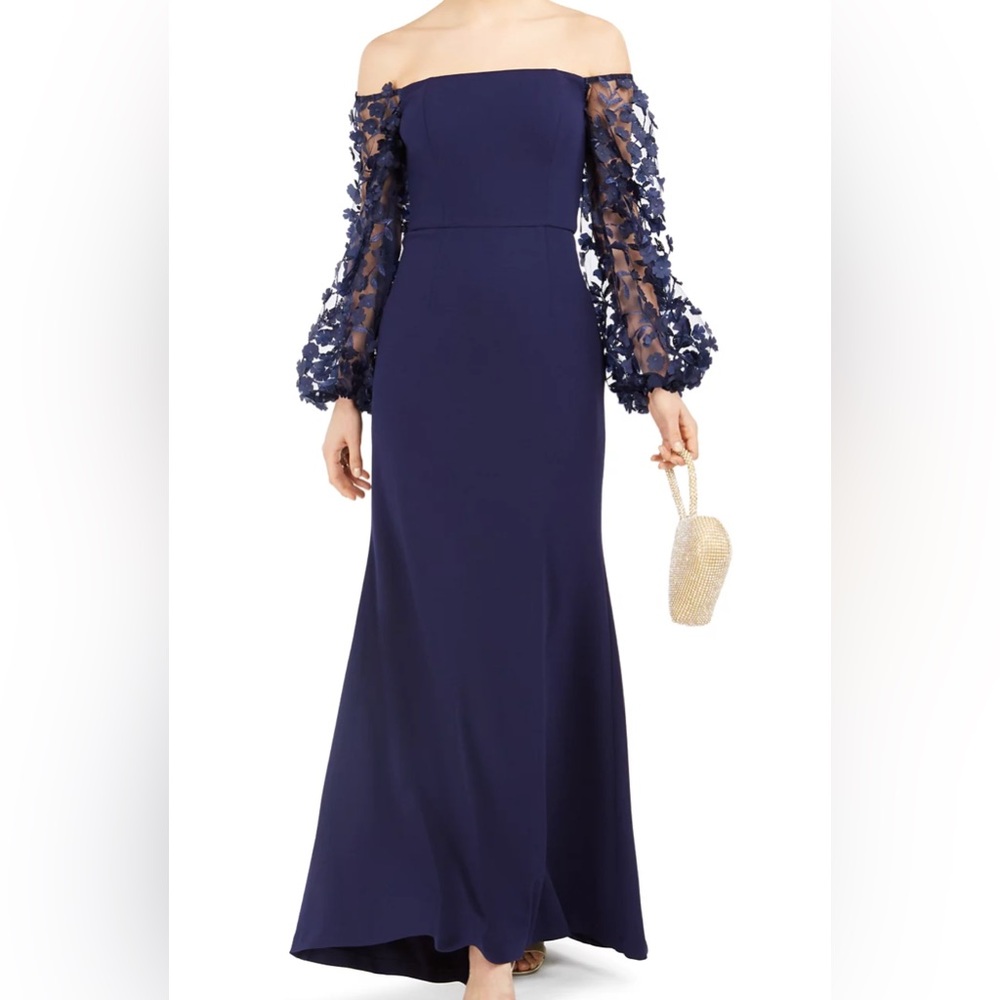 Eliza J Off Shoulder Navy Dress with 3D Floral Sleeves Gown MOB MOG
